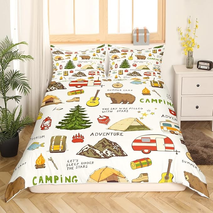 Camping and Adventure Duvet Cover Set Queen Size,Cartoon Bear Camper Car Bedding Set for Kids Girls Boys Teens Room Decor,Happy Camping Comforter Cover Outdoor Travel Quilt Cover,2 Pillowcases