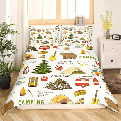 Camping and Adventure Duvet Cover Set Queen Size,Cartoon Bear Camper Car Bedding Set for Kids Girls Boys Teens Room Decor,Happy Camping Comforter Cover Outdoor Travel Quilt Cover,2 Pillowcases