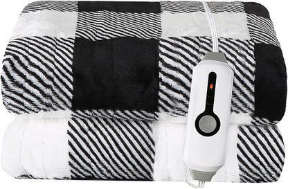 Electric Heated Blanket Throw Size - 50"x60", Soft Flannel Heating Blanket, 4 Heating Levels, 3 H Auto Shut Off, Breathable Warm and Washable for Sofa, Black - White Plaid