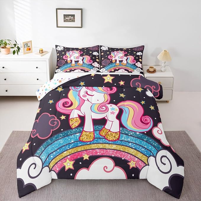 Feelyou Unicorn Bedding King,Star Print Rainbow Kids Comforter Sets for Girls Comforter Set,Cute Animal Bedding Cute Unicorn Duvet Quilt,Fairy Bedroom Decor