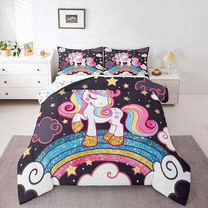 Feelyou Unicorn Bedding Twin,Star Print Rainbow Kids Comforter Sets for Girls Comforter Set,Cute Animal Bedding Cute Unicorn Duvet Quilt,Fairy Bedroom Decor