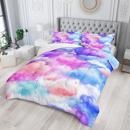 Rainbow Bedding Set,Pink Clouds Comforter Set King Size for Boys Girls Pink Blue Cloud Sky 3D Digital Printing Comforter Set with 1 Comforter and 2 Pillowcases