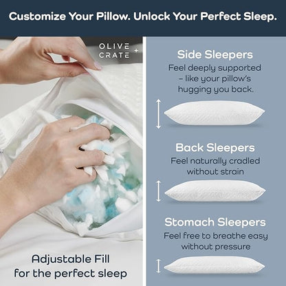 Olive + Crate BreathePure™ Adjustable Loft Shredded Memory Foam Pillow - Queen Size - Cooling Pillow, Hypoallergenic Bed Pillows, CertiPUR-US Certified Foam, Ideal for Back, Stomach and Side Sleeper