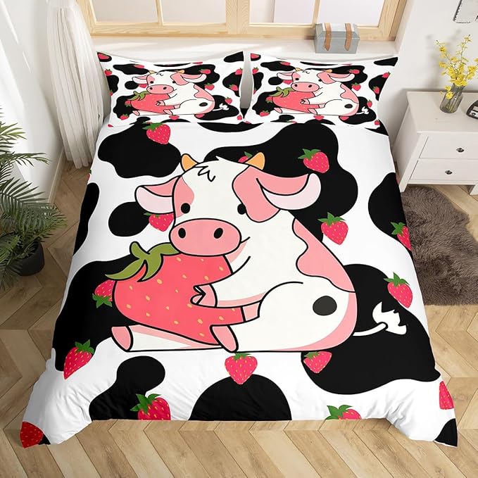 Milkshakes Cow Comforter Cover Full Size, Pink Cute Cattle and Strawberry Fruit Print Duvet Cover Set with 2 Pillowcases, Milk Cow Skin Fur Pattern Kawaii Girly Style Bedding Set for Boys Teens