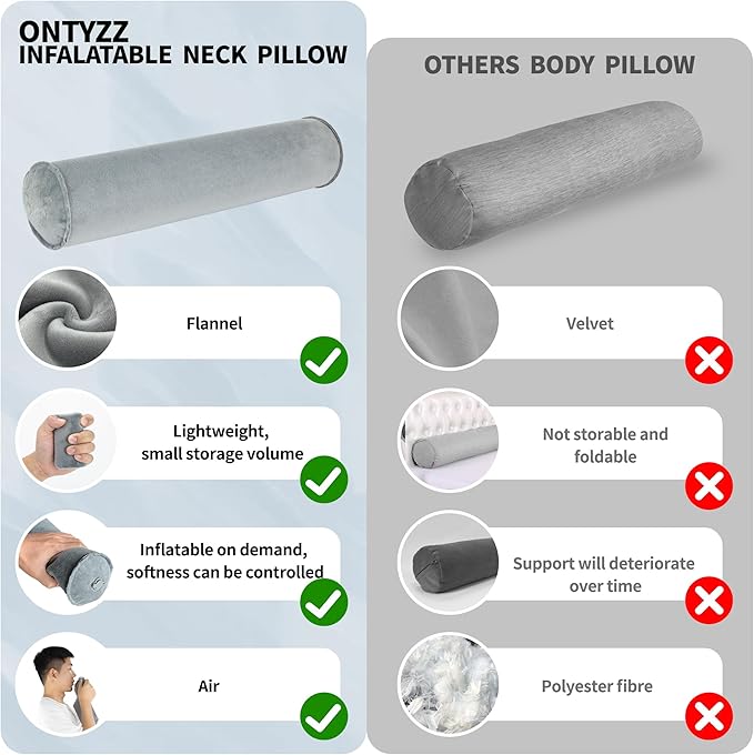ONTYZZ Inflatable Round Neck Pillow Cervical Roll Pillow Cylinder Bolster Pillow for Head, Neck, Back, Legs and Yoga, Grey（3.93 * 18.89）