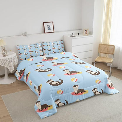 Cartoon Otter Kids Bedding Set,Colorful Ball Surfboard Summer Theme Comforter Set for Boys Girls Teens,Cute Kawaii Wild Animals Down Comforter with 2 Pillowcases King Size 3 Pcs