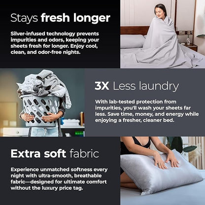 Silvery Silver Infused Bed Sheets Set - Ultra-Soft Temperature-Regulating Fabric with Self-Cleaning Technology™ That Stays Fresh 3X Longer for Hygienic Sleep (Gray, Queen (U.S. Standard))