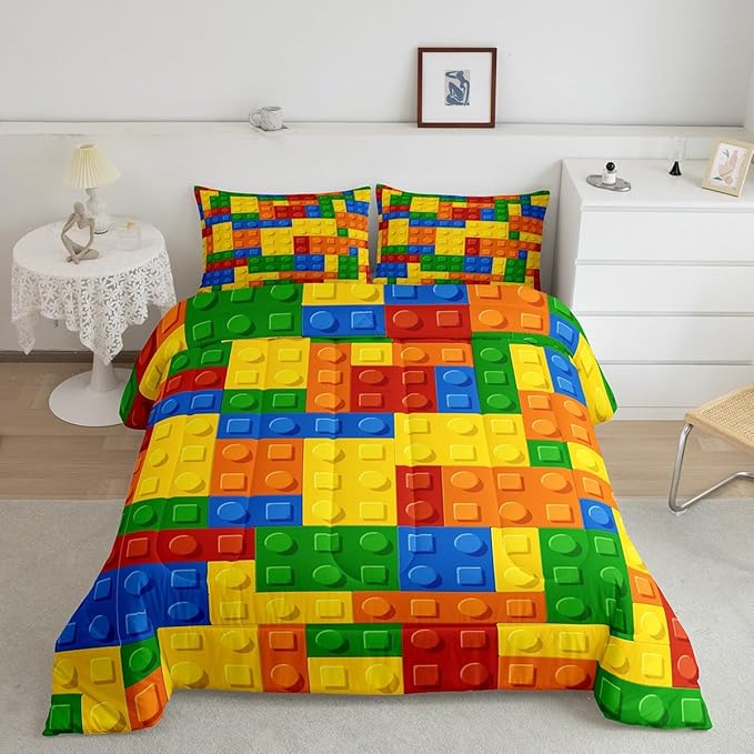 Feelyou Games Comforter Set Full Size Building Blocks Bedding Set for Kids Boys Girls Colorful Geometric Toy Brick Comforter Inner Fill Toddler Gaming Bedroom Nursery Quilt Duvet Set with 2 Pillowcase