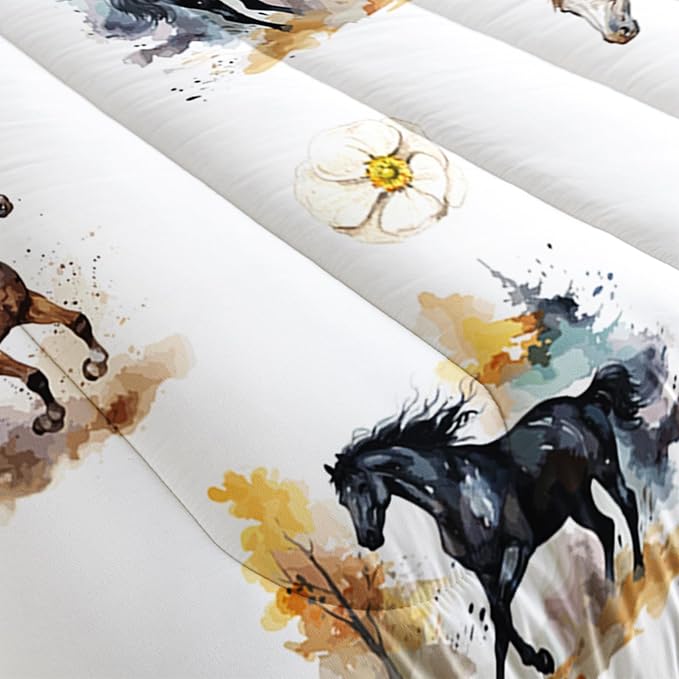 Horse Comforter Bedding Set for Boys Girls Kids Teens, Watercolor Painting Horse and Flowers Print Bedding Set Twin Size