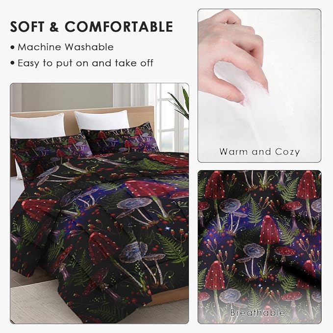 Full Size Comforter Set with 2 Pillowcases, Mushroom Gothic Fern 3 Pcs Soft Bedding for Kids and Adults, Vintage Leaf Retro Plant Comforter Set for Room Bedroom Bed Decor