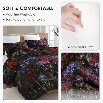 Full Size Comforter Set with 2 Pillowcases, Mushroom Gothic Fern 3 Pcs Soft Bedding for Kids and Adults, Vintage Leaf Retro Plant Comforter Set for Room Bedroom Bed Decor