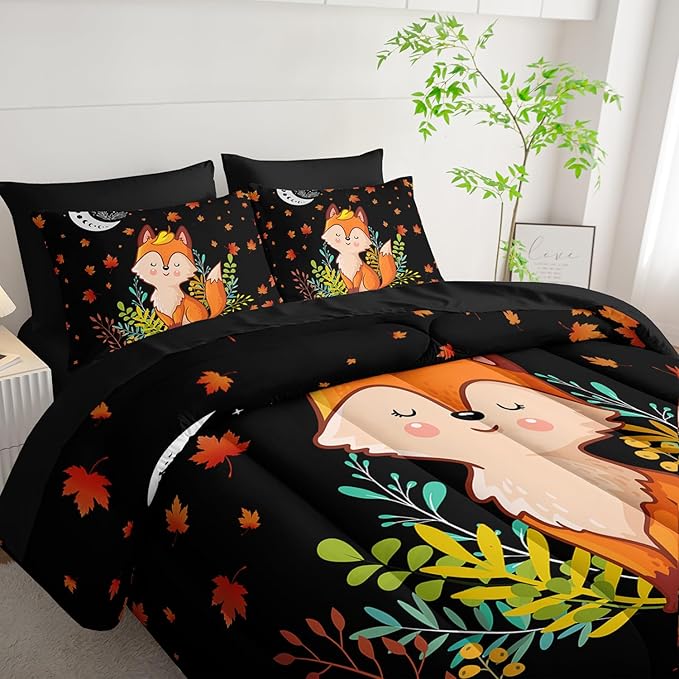 Cartoon Fox Comforter Set 7Pcs Cute Fox Bedding Set for Kid Boy Girl Adult Moon Plants Leaves Printed Quilt Set Twin with 2 Sheets,2 Pillowcases,2 Throw Pillow Covers