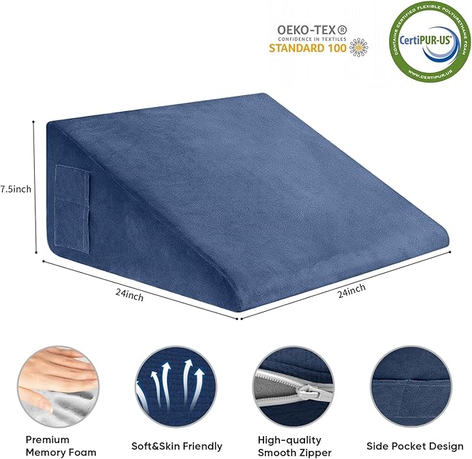 Wedge Pillow, 7.5 Inch Bed Wedge Pillow for Headboard, Pillow Wedge for Acid Reflux Relief, After Surgery, Sleeping，Back Pain Relief, Memory Foam Top, Blue