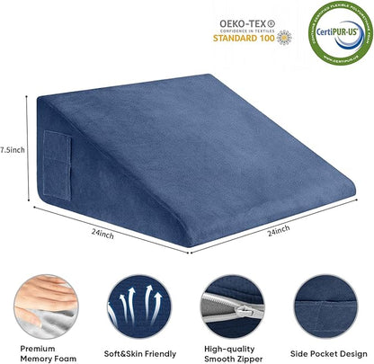 Wedge Pillow, 7.5 Inch Bed Wedge Pillow for Headboard, Pillow Wedge for Acid Reflux Relief, After Surgery, Sleeping，Back Pain Relief, Memory Foam Top, Blue