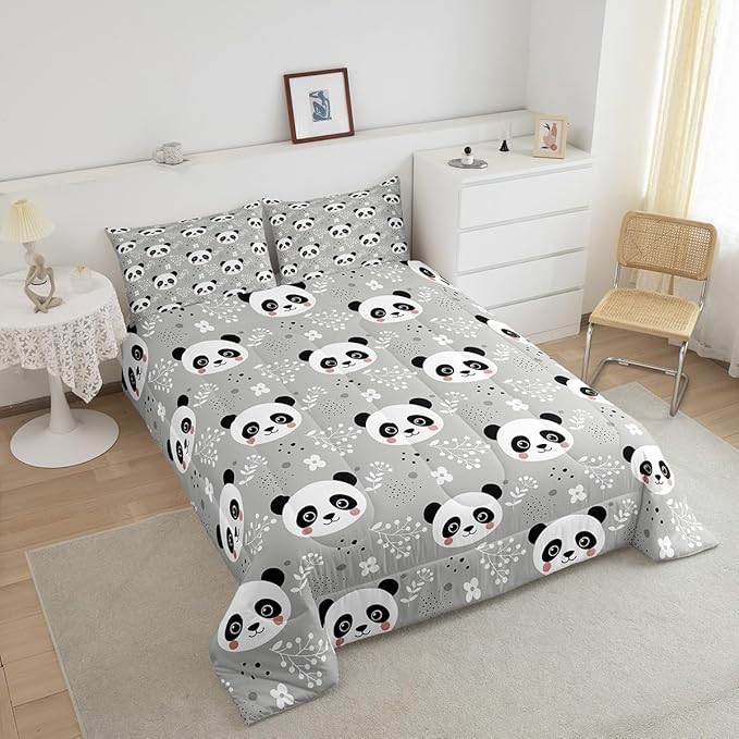 Kawaii Panda Comforter Set Twin Size Cartoon Animal Bedding Set Bedroom Decor Watercolor Leaves Botanical Quilt Set for Kids Boys Girls Cute Pandas Duvet Insert 2Pcs