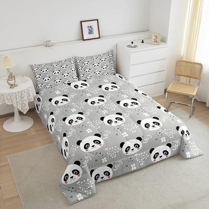 Kawaii Panda Comforter Set Toddler Size Cartoon Animal Bedding Set Bedroom Decor Watercolor Leaves Botanical Quilt Set for Kids Boys Girls Cute Pandas Duvet Insert 2Pcs