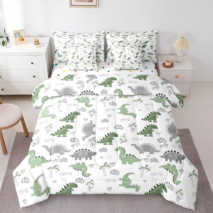 Feelyou Cute Dinosaur 7 Piece Bedding Set Green Grey Dinosaur Comforter Set with Sheets for Kids Boys Girls Nutrue Palm Tree Bed in a Bag Animal Theme Bed Set Soft Lightweight