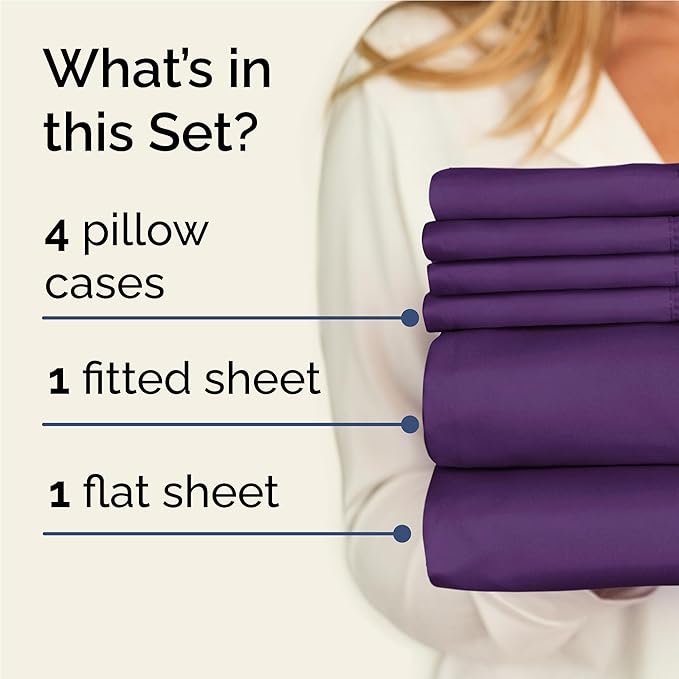 Full 6 Piece Sheet Set - Comfy Breathable & Cooling - Ultra Soft Hotel Luxury Bedding Set w/ 8-16 Inch Deep Pockets - 1 Flat & 1 Fitted Sheet & 4 Pillowcases - Cozy, Wrinkle Free & Easy Care - Purple
