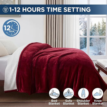 Westinghouse Electric Blanket King, Heated Blanket King Size with 10 Heating Levels and 1 to 12 Hours Heating Time Settings, Flannel to Sherpa Reversible, Machine Washable (90" x 100", Red)