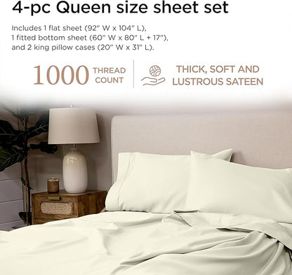 Threadmill Supima Cotton Sheets - Queen, 1000 Thread Count, 4 Piece Luxury Bedding Set, Hotel Quality Sateen Weave, Ivory with Elasticized Deep Pocket
