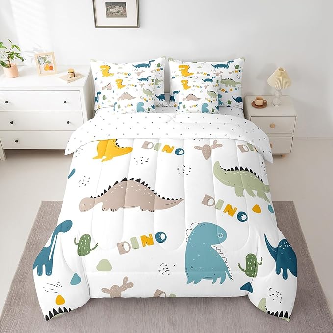 Feelyou Cute Dinosaur Comforter Set with Sheets 7 Piece Twin Size Cartoon Cactus Bedding Set Decor Jungle Dino Boho Succulent Bed in a Bag Wild Animal Pattern Yellow Grey Bed Set Bedroom