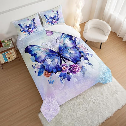 HOSIMA Floral Purple Butterfly Comforter-Soft Microfiber,Fantasy Butterfly Aesthetics Full Size Bed in a Bag for Kids Girls Teens Women,Mandala Preppy Bedding 3Piece with 2 Pillow Shams.