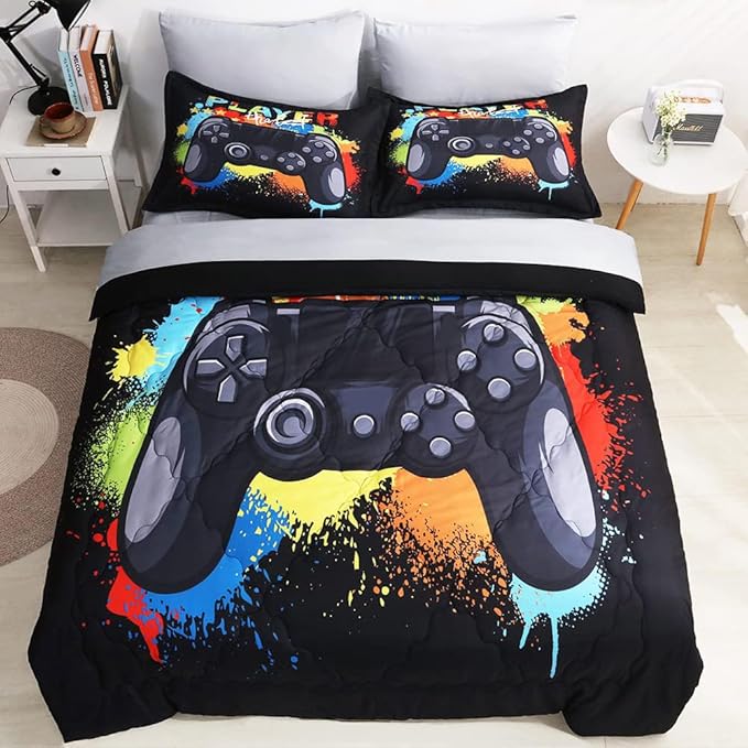 Wajade Kids Gamer Comforter Set Full Size Bed in a Bag for Boys and Girls, 7 Pieces 3D Video Game Controller Printed Bedding Set Includes Comforter, Flat Sheet, Fitted Sheet, Two Pillowcases & Shams