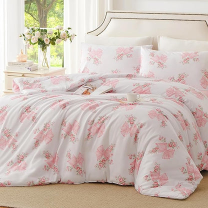 Pink Bow Duvet Cover Queen 3Pcs Pink Floral Bedding Set for Girls Kids,Cute Princess Style Bowknot Bedding,Ultra Soft Garden Flower Bedding with 2 Pillowcases(No Comforter)