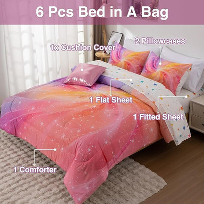 A Nice Night 6Pcs Swirling Stars Gradient Glitter Comforter Set for Girls Full Size, Colorful Rainbow Galaxy Comforter Set, Ultra Soft Bedding Sets (Purple-Pink, Full 6Pcs)