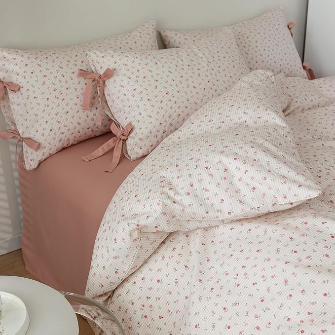 AOJIM Aesthetic Floral Print Duvet Cover for Kids Adults, Pure Cotton Comforter Cover Set 3pcs, 1 Soft Bedding Duvet Cover Queen Size with Zipper Closure and 2 Pillowcases with Bowknot for Room Decor