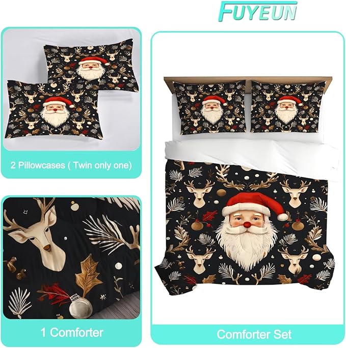 Black Christmas Comforter Set Twin Size Santa Claus Bedding for Kids Girls Women Xmas Reindeer Merry Christmas Bedroom Quilt Bed Sets, 1 Comforter 1 Pillowcase