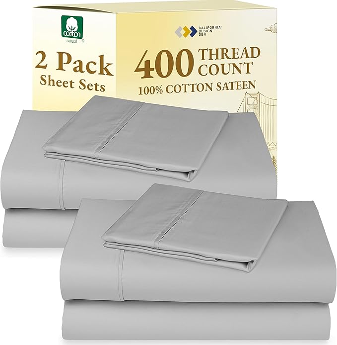 California Design Den 2-Pack Twin Cotton Sheet Sets - 400 Thread Count 100% Cotton Sateen - Soft and Breathable Sheets, 2 Sets of Deep Pocket Bed Sheets - Light Grey
