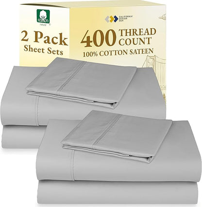 California Design Den 2-Pack Twin XL Sheet Set Cotton - 400 Thread Count 100% Cotton Sateen - Soft and Breathable Sheets, Twin XL Sheet Sets, 2 Sets of Deep Pocket Bed Sheets - Light Grey