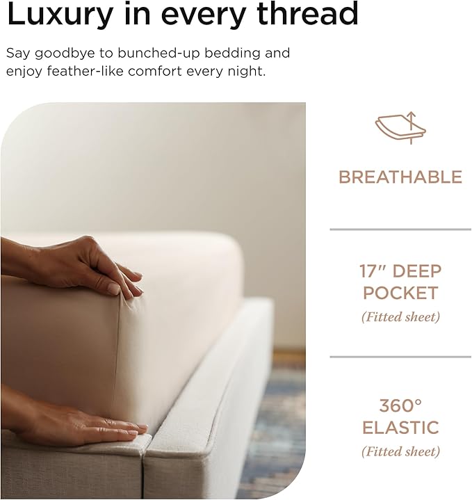 Threadmill Supima King Size Sheets, 1000 Thread Count, 4 Piece American Luxury Bed Sheets for King Mattress, 5 Star Hotel Quality Cotton Sheets with Elasticized Extra Deep Pocket, Beige
