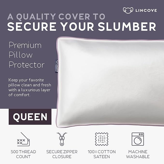 Lincove 100% Cotton Sateen Pillow Protector Cover - Zipper Pillow Cover - 500 Thread Count Luxury Cotton - Zippered Dust Pillow Protector Bed Pillow Case, Queen, 20”x30” – 2 Pack