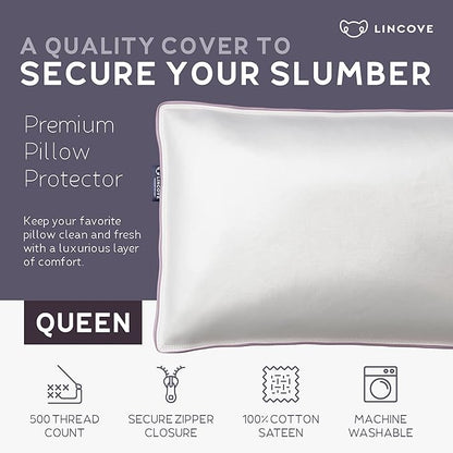 Lincove 100% Cotton Sateen Pillow Protector Cover - Zipper Pillow Cover - 500 Thread Count Luxury Cotton - Zippered Dust Pillow Protector Bed Pillow Case, Queen, 20”x30” – 2 Pack