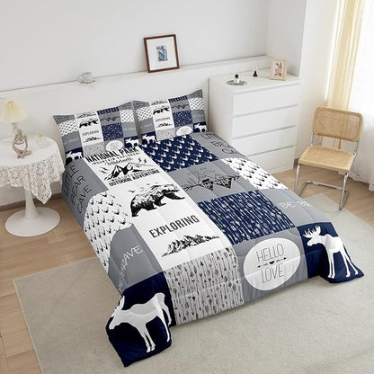Feelyou Bear Deer Comforter Set Hunting Camping Bedding Set for Kids Boys Girls Deer Antler Comforter Rustic Cabin Plaid Duvet Set 1 Comforter Set with 2 Pillowcases Queen Size Boys