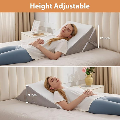 Wedge Pillow, 9&12” Adjustable Bed Wedge Pillow for Sleeping, Triangle Pillow for Back Pain Relief, Memory Foam Pillow Wedge for Post Surgery, Acid Reflux and Snoring, GERD, White/Grey