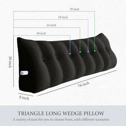 Wedge Headboard Pillow Dorm Room Reading Pillow Back Support for Sitting Up in Bed Bolster Lumbar Cushion Body Positioning Bedrest Corduroy (Black, Twin (39 * 8 * 20in))