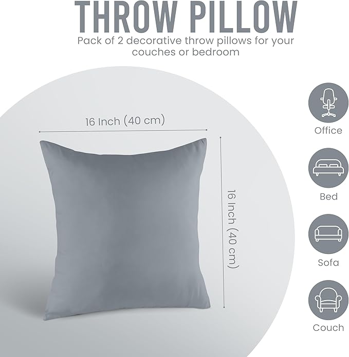 Utopia Bedding 16x16 Pillow Inserts, Set of 2, Grey – Indoor Decorative Throw Pillows for Bed, Sofa & Couch – Soft, Supportive & Fluffy Cushion Inserts