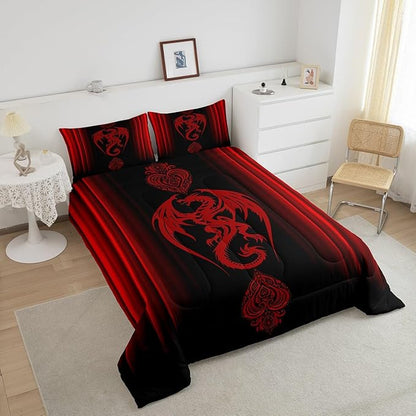 Feelyou Red Dragon Comforter Set Gradient Ombre Red Teens Women Bedding Set for Kids Boys Girls Vintage Boho Paisley Decor Comforter Exotic Trippy Quilt Set 3Pcs King Size