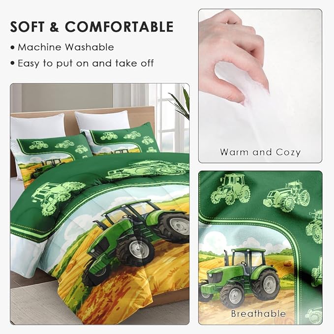 Full Size Comforter Set with 2 Pillowcase, Green Tractor Soft 3 Pcs Bedding for Kids and Adults, Watercolor Landscape Comforter Set for Room Bedroom Bed Decor