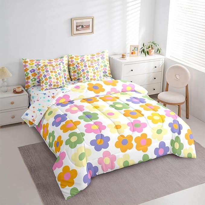 Feelyou Cute Flower 7 Piece Bedding Set Colorful Floral Comforter Set with Sheets for Kids Boys Girls Kawaii Theme Bed in a Bag White Bed Set Soft Lightweight