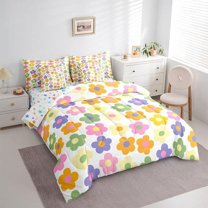 Feelyou Cute Flower 7 Piece Bedding Set Colorful Floral Comforter Set with Sheets for Kids Boys Girls Kawaii Theme Bed in a Bag White Bed Set Soft Lightweight