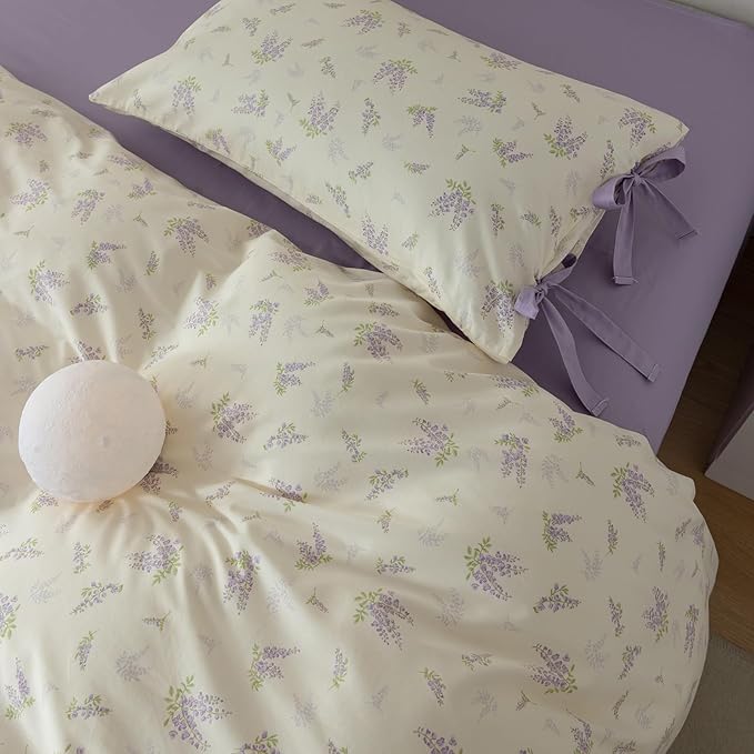 AOJIM Purple Floral Print Duvet Cover Queen Size for Room Decor, Vintage Style Cotton Kids Adults Comforter Cover Set, 1 Soft Quilt Cover 68x86'' and 2 Pillowcases 20x26'' with Bowknot, No Comforter