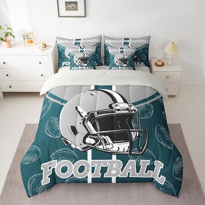Feelyou Football Comforter Set with Sheets 7 Piece Full Size Ball Games Bedding Set for Kids Boys Girls Rugby Bed in a Bag City of Footballs Room Decor Rugby Sports