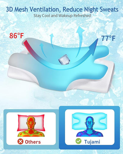 Cervical Neck Pillow for Neck Shoulder Pain Relief, Soft Contour Side Sleeper Pillow of 2 Heights, Odorless Q-max Cooling Memory Foam Orthopedic Bed Pillow for Back Stomach Sleeper