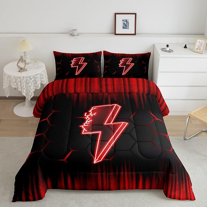 Feelyou Game Flash Bedding Set Queen Size Boys Girls Ombre Comforter Set for Kids Honeycomb Comforter Red Black Duvet Set Room Decor Quilt Set
