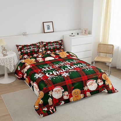 Erosebridal Christmas Bedding Full Size,Cartoon Santa Claus Snowman Comforter Set for Kids Child Toddler,Merry Christmas Duvet Insert,Red Green Buffalo Plaid Check Quilt Comforter with 2 Pillow Shams