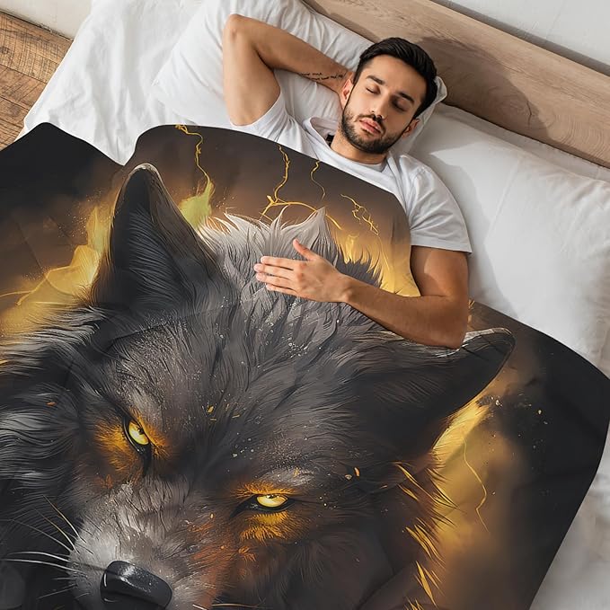 Huke Wolf Gifts Blanket, Black Gold Fire Lightning Wolf Throw Blankets,Wolf Gifts for Men Women Kids, Unique Wolf Gifts for Wolf Lovers, Wolf Gifts for Boys Girls, Cool Wolf Decor,60"X50"